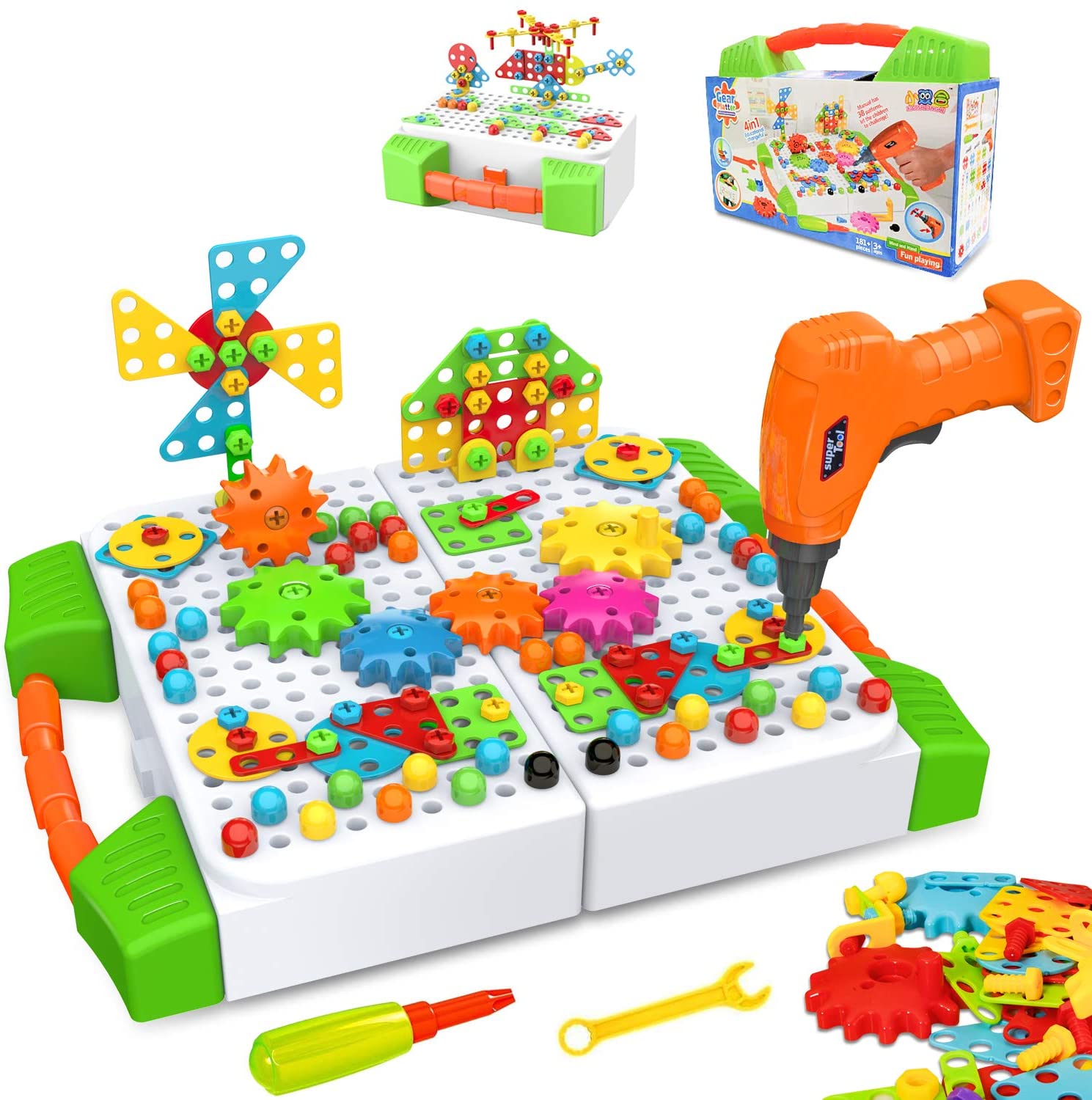 Creative Building Blocks with Trendy Bits Drill, STEM Building DIY Toys for Kids Ages 4-8 (181 Pieces)